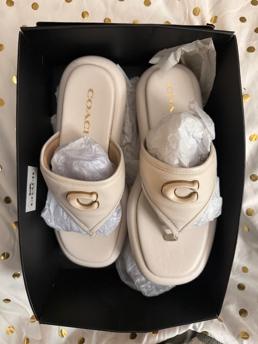 New Coach Sylvie Leather Sandals 7B white chalk Gold